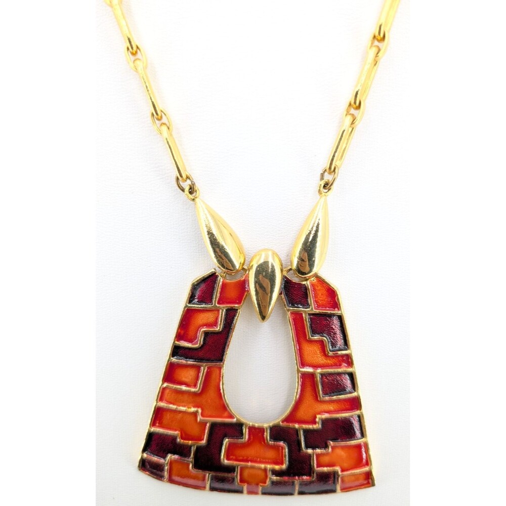 Vintage 1960s Celebrity Design Enamel Pendant Necklace Red Orange 26in 64g MCM